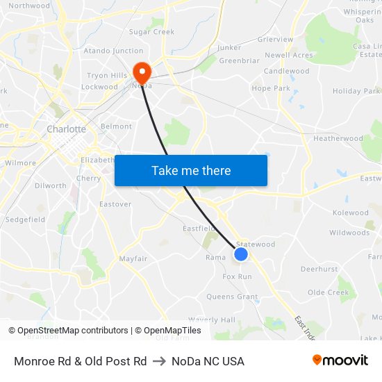 Monroe Rd & Old Post Rd to NoDa NC USA map