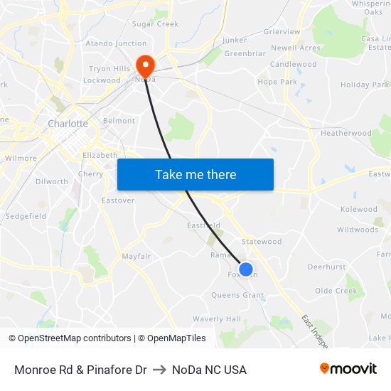 Monroe Rd & Pinafore Dr to NoDa NC USA map