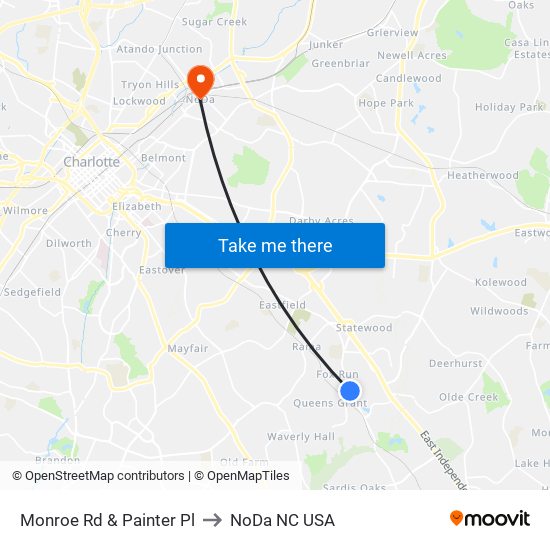 Monroe Rd & Painter Pl to NoDa NC USA map