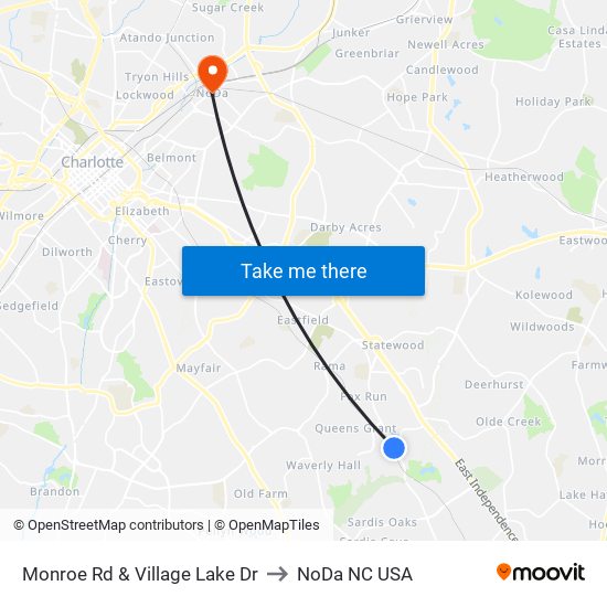 Monroe Rd & Village Lake Dr to NoDa NC USA map