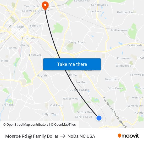 Monroe Rd @ Family Dollar to NoDa NC USA map