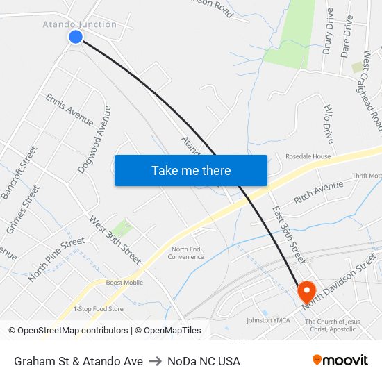 Graham St & Atando Ave to NoDa NC USA map