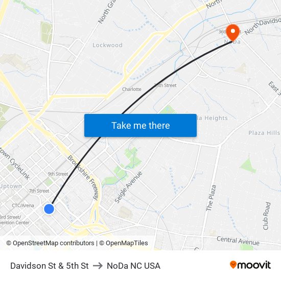 Davidson St & 5th St to NoDa NC USA map