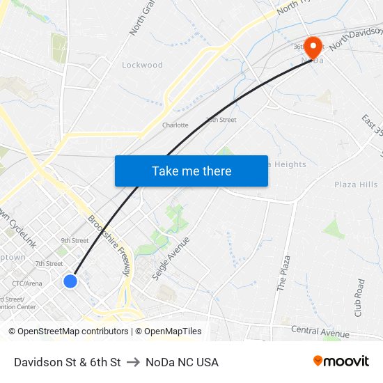 Davidson St & 6th St to NoDa NC USA map