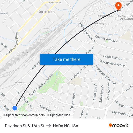 Davidson St & 16th St to NoDa NC USA map