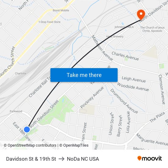 Davidson St & 19th St to NoDa NC USA map