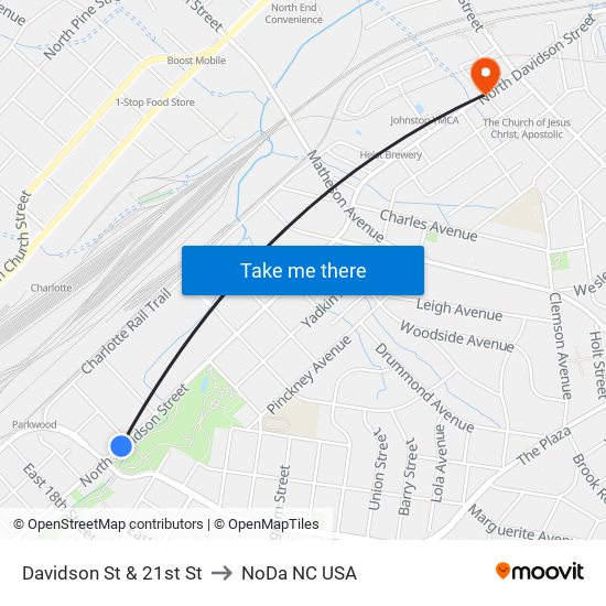 Davidson St & 21st St to NoDa NC USA map