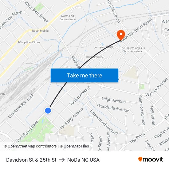 Davidson St & 25th St to NoDa NC USA map