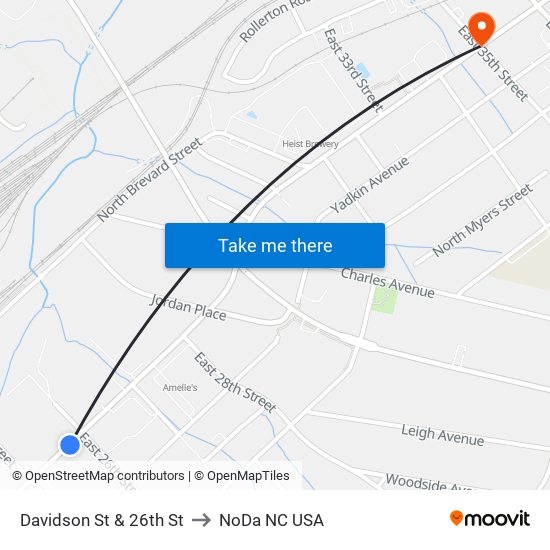 Davidson St & 26th St to NoDa NC USA map