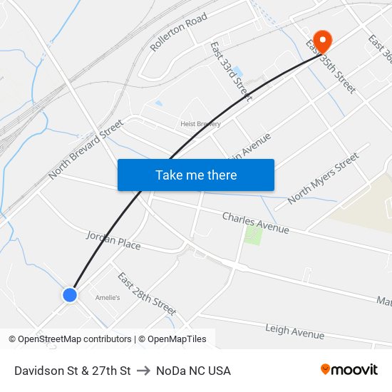 Davidson St & 27th St to NoDa NC USA map