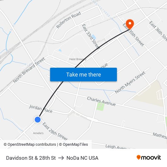 Davidson St & 28th St to NoDa NC USA map