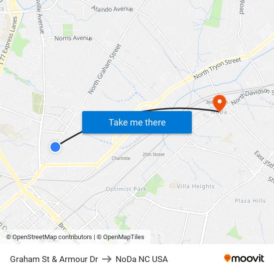 Graham St & Armour Dr to NoDa NC USA map