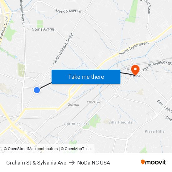 Graham St & Sylvania Ave to NoDa NC USA map