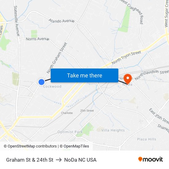 Graham St & 24th St to NoDa NC USA map