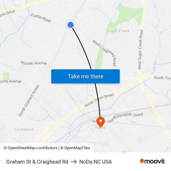 Graham St & Craighead Rd to NoDa NC USA map