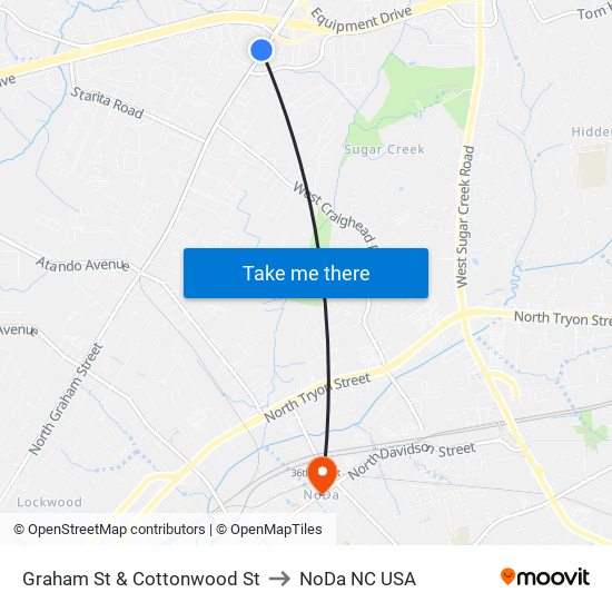 Graham St & Cottonwood St to NoDa NC USA map