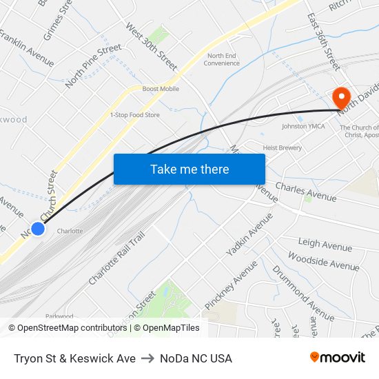 Tryon St & Keswick Ave to NoDa NC USA map