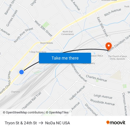 Tryon St & 24th St to NoDa NC USA map