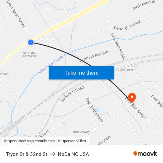 Tryon St & 32nd St to NoDa NC USA map