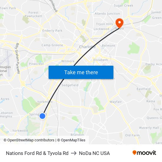 Nations Ford Rd & Tyvola Rd to NoDa NC USA map