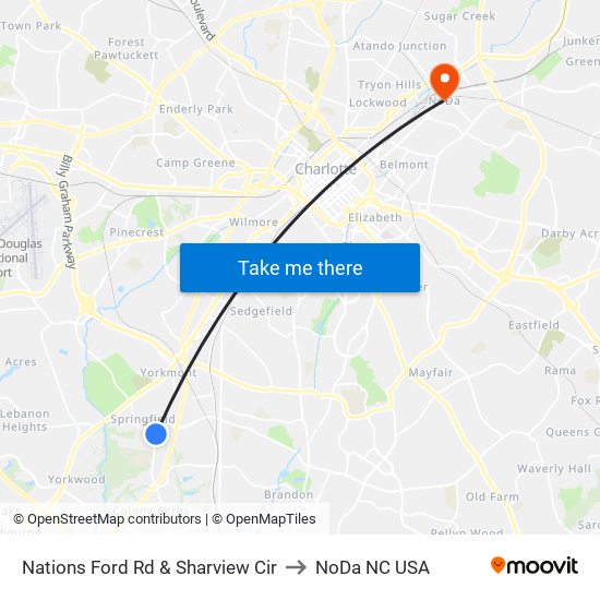 Nations Ford Rd & Sharview Cir to NoDa NC USA map