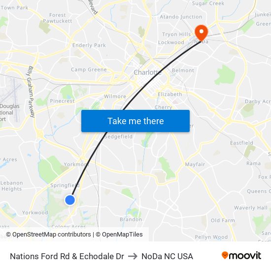 Nations Ford Rd & Echodale Dr to NoDa NC USA map