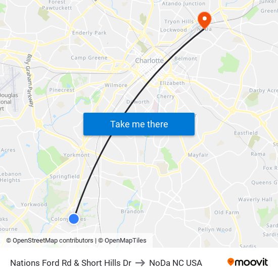 Nations Ford Rd & Short Hills Dr to NoDa NC USA map