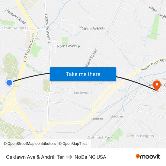 Oaklawn Ave & Andrill Ter to NoDa NC USA map