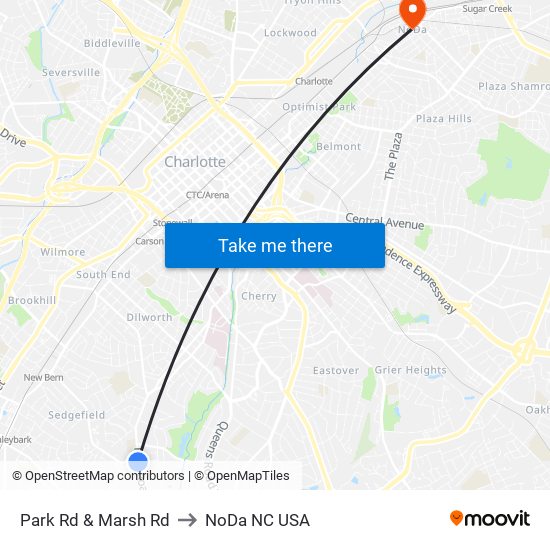 Park Rd & Marsh Rd to NoDa NC USA map