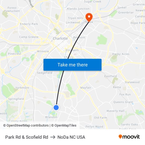 Park Rd & Scofield Rd to NoDa NC USA map