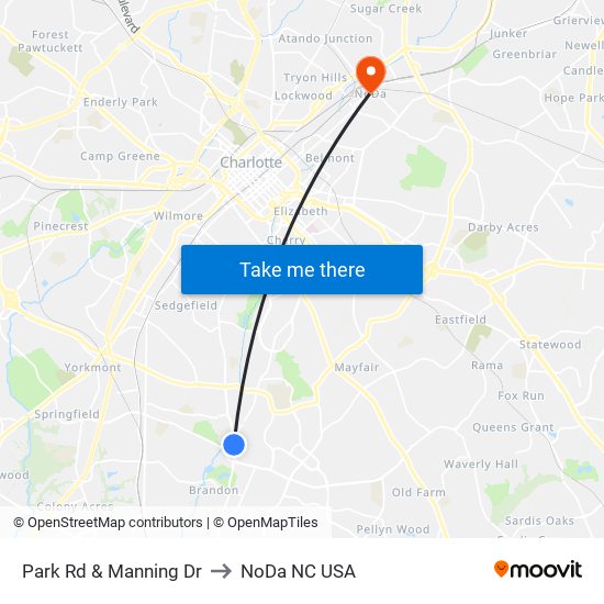 Park Rd & Manning Dr to NoDa NC USA map