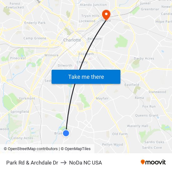 Park Rd & Archdale Dr to NoDa NC USA map