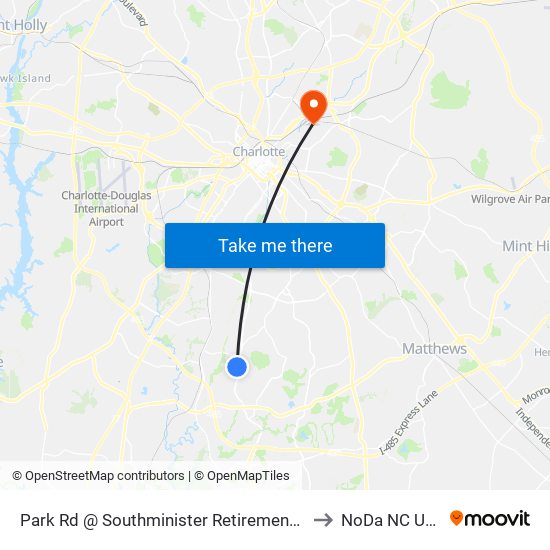 Park Rd @ Southminister Retirement Dr to NoDa NC USA map