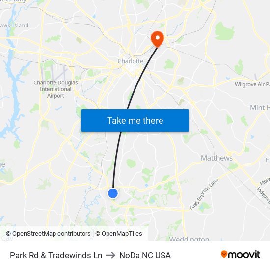 Park Rd & Tradewinds Ln to NoDa NC USA map