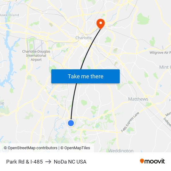 Park Rd & I-485 to NoDa NC USA map