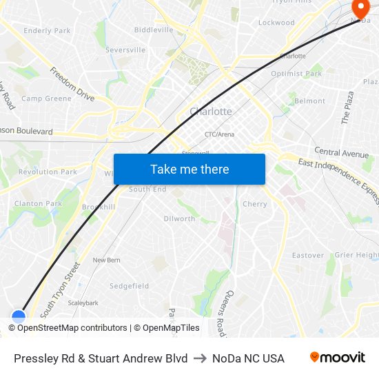 Pressley Rd & Stuart Andrew Blvd to NoDa NC USA map