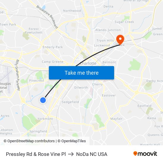 Pressley Rd & Rose Vine Pl to NoDa NC USA map