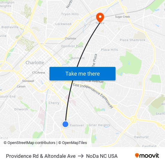 Providence Rd & Altondale Ave to NoDa NC USA map