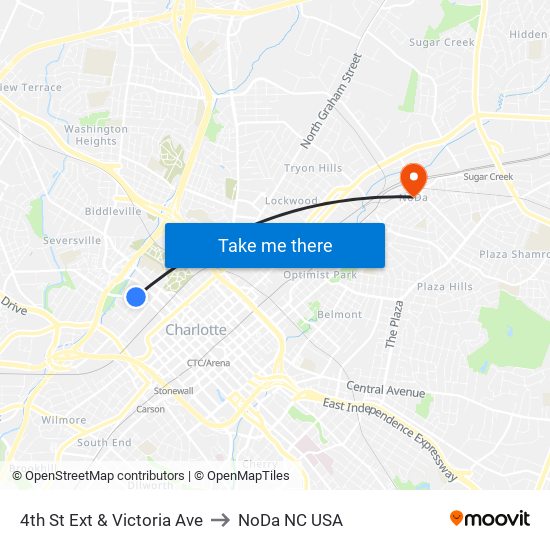 4th St Ext & Victoria Ave to NoDa NC USA map