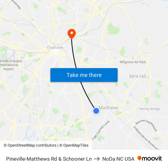 Pineville-Matthews Rd & Schooner Ln to NoDa NC USA map