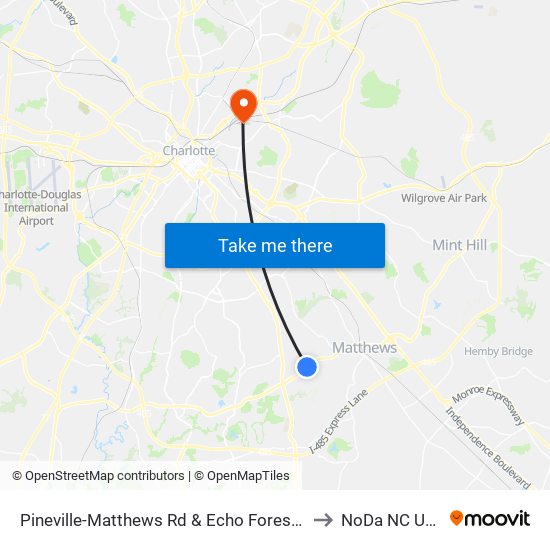 Pineville-Matthews Rd & Echo Forest Dr to NoDa NC USA map