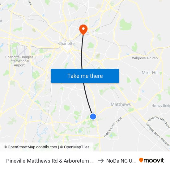 Pineville-Matthews Rd & Arboretum View to NoDa NC USA map