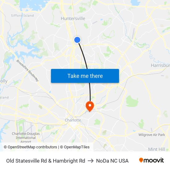 Old Statesville Rd & Hambright Rd to NoDa NC USA map