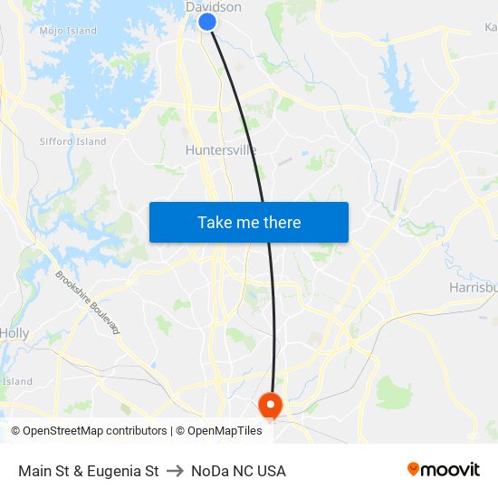 Main St & Eugenia St to NoDa NC USA map