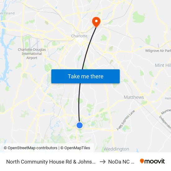 North Community House Rd & Johnston Rd to NoDa NC USA map