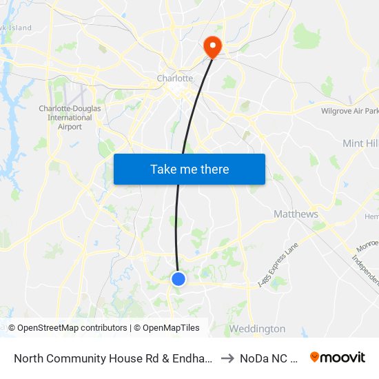 North Community House Rd & Endhaven Ln to NoDa NC USA map