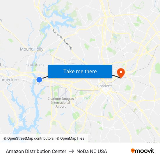 Amazon Distribution Center to NoDa NC USA map