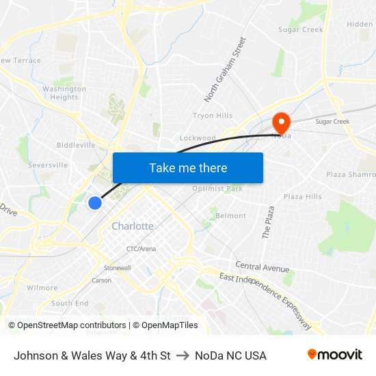 Johnson & Wales Way & 4th St to NoDa NC USA map