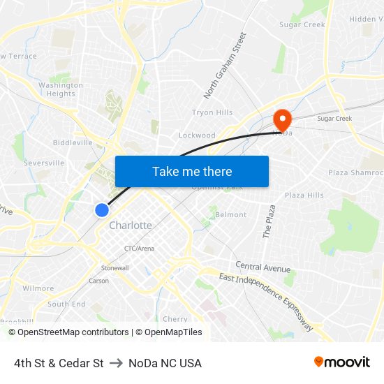 4th St & Cedar St to NoDa NC USA map