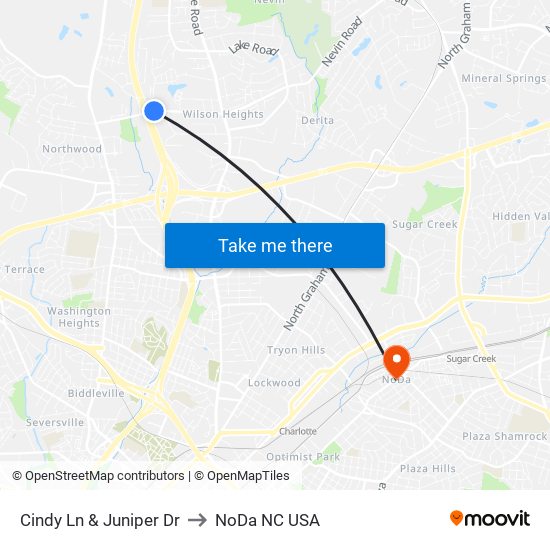 Cindy Ln & Juniper Dr to NoDa NC USA map